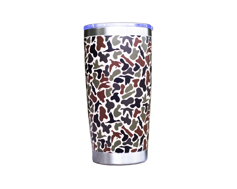 Tumbler with camouflage pattern on a white background